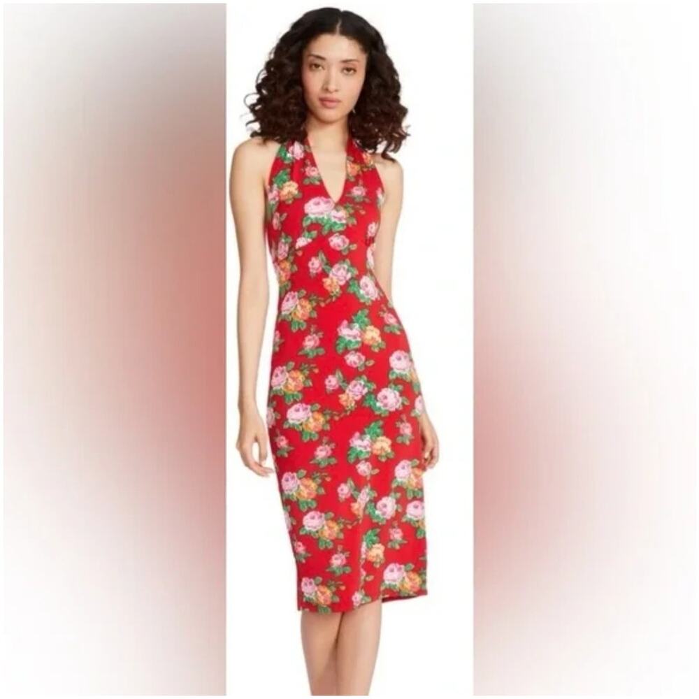 Luv Betsey Johnson Soft Red Floral Pinup Retro Rockabilly Halter Dress XS NWOT